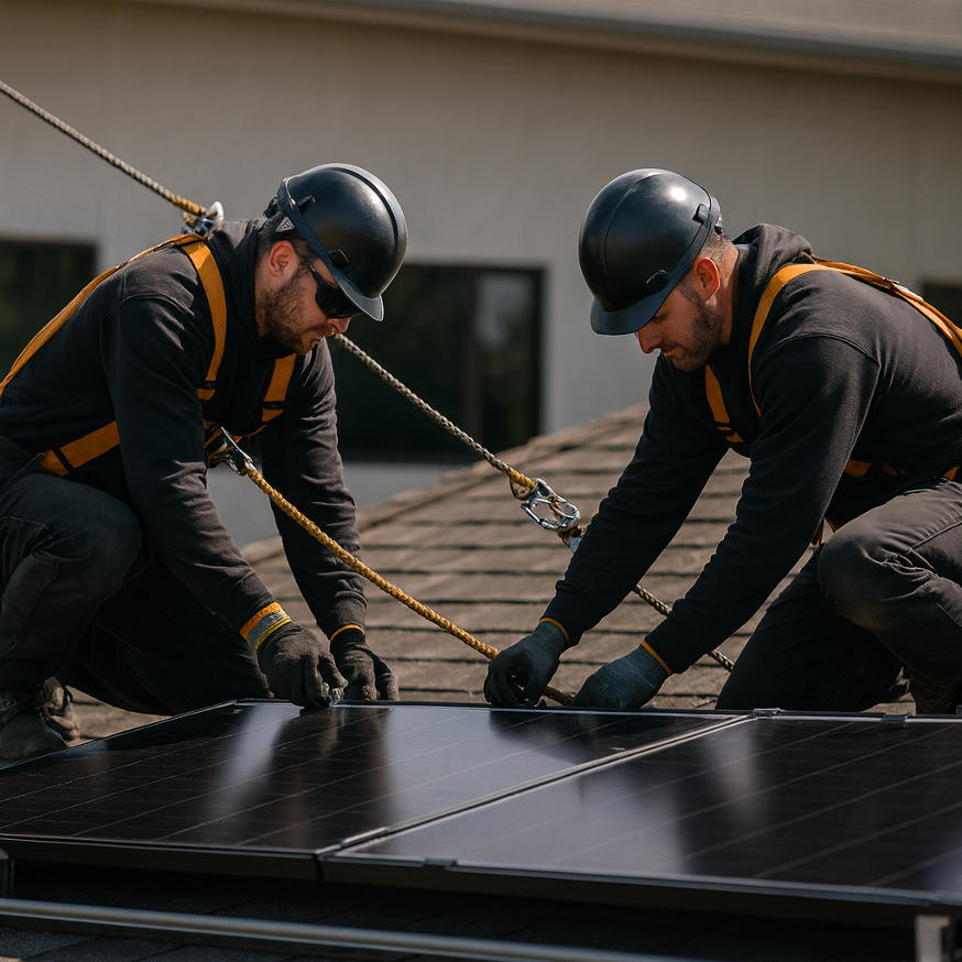 Commercial solar installation crew on a shingle roof, harnessed technicians fitting black panels with safety lines.