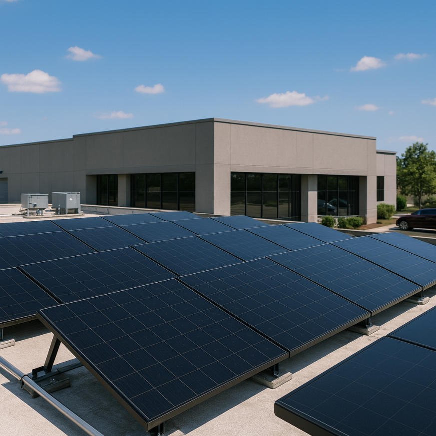 Commercial solar installation on a flat-roof office building, modern black panels across a white membrane roof.