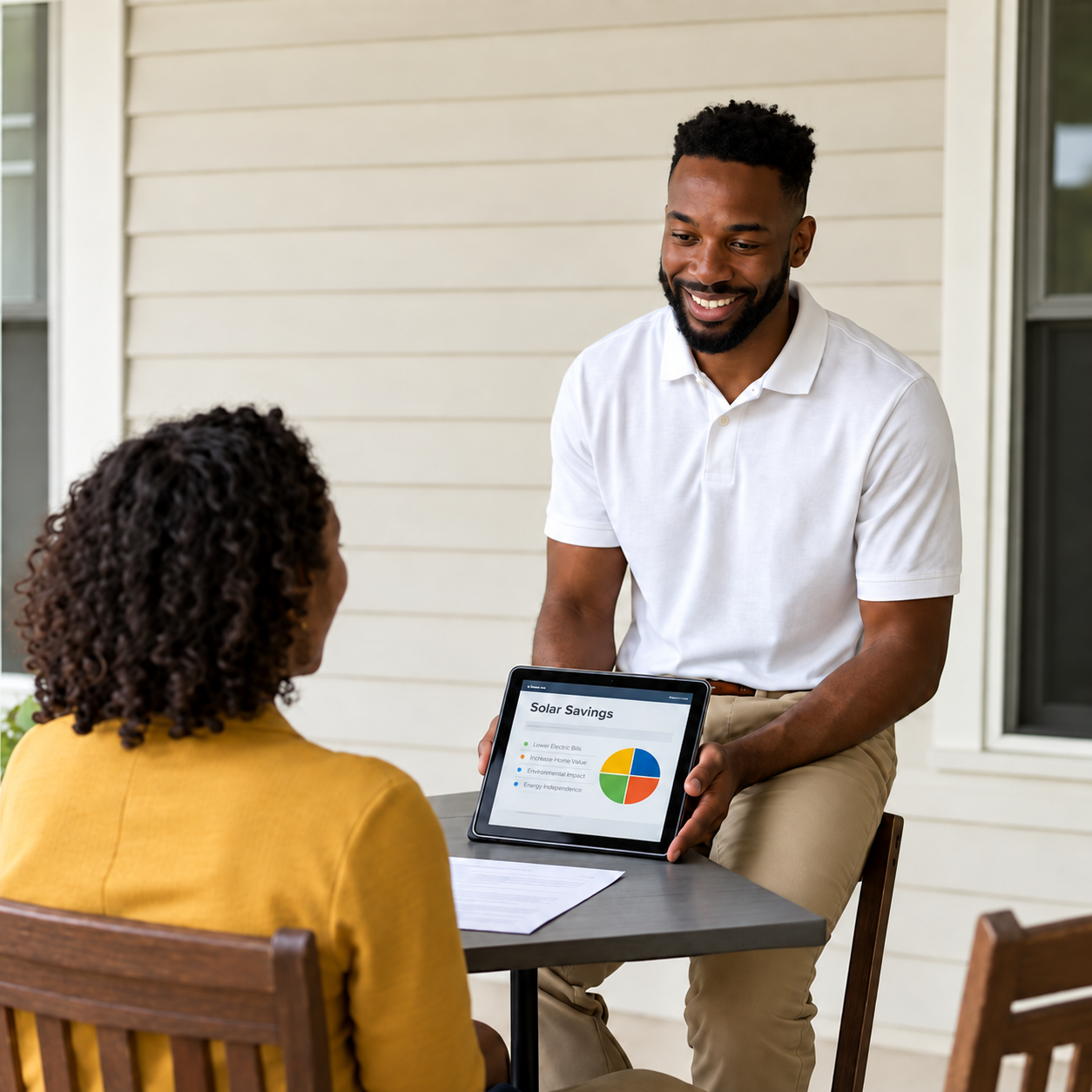 Solar specialist discussing a system proposal with a homeowner