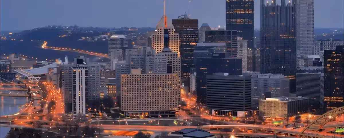 Pittsburgh skyline with utility transmission infrastructure