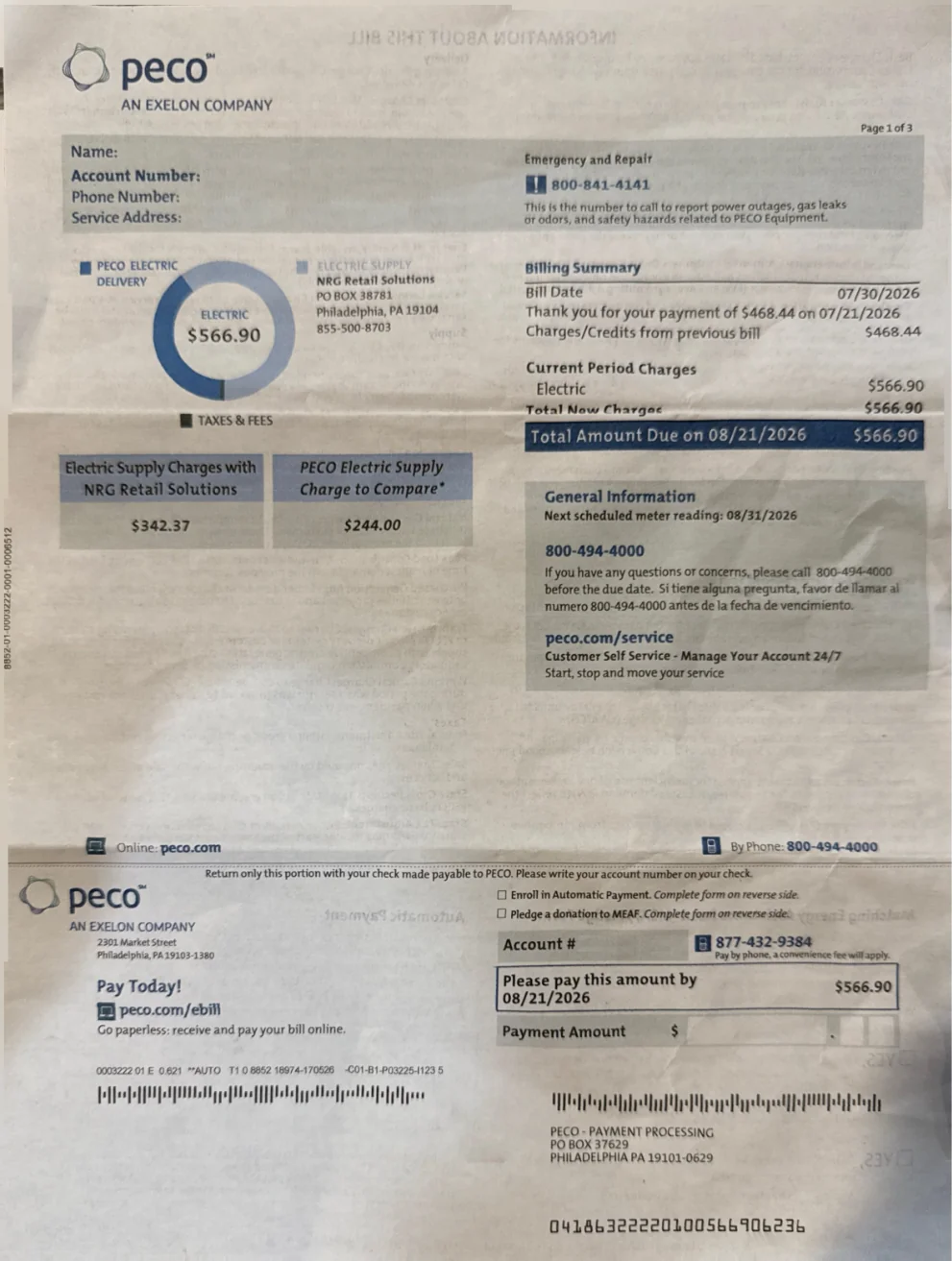 PECO electricity bill showing supply, delivery and total charges