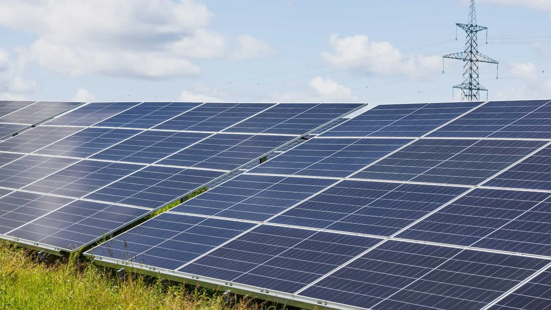 photograph of ground mount solar panels outside sunny day