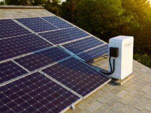 Solar battery storage system connected to rooftop solar panels, optimizing energy efficiency for home use.