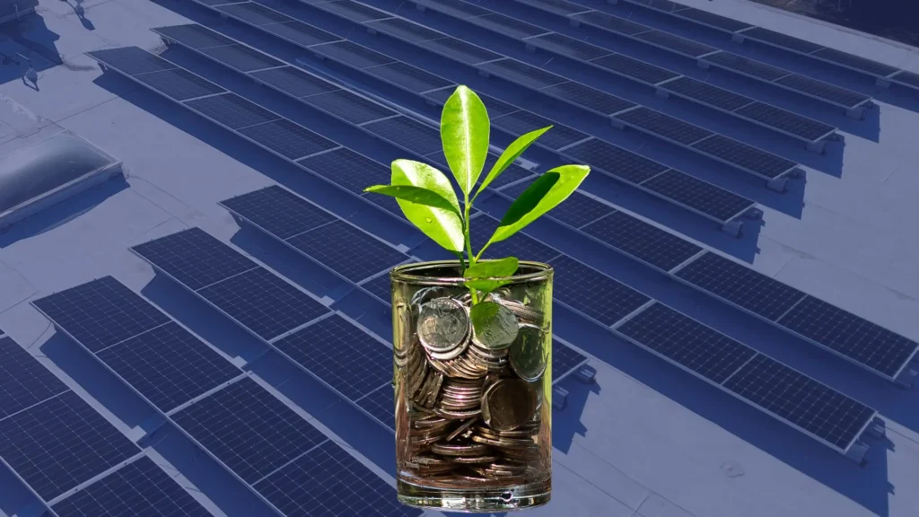 coins in jar saving money solar panels in background