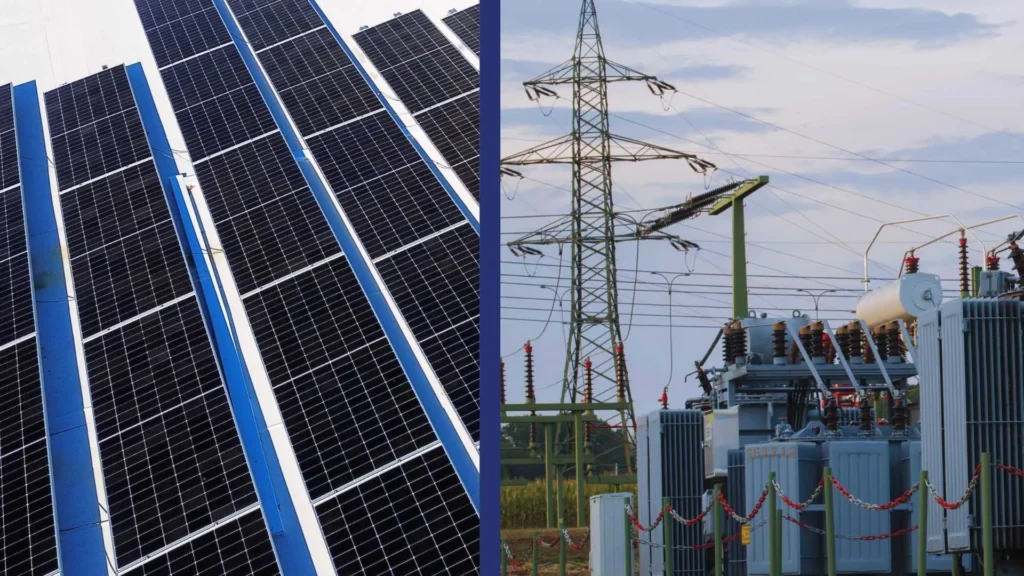 image showing split screen of new modern solar panels on flat roof and energy power plant pse&g