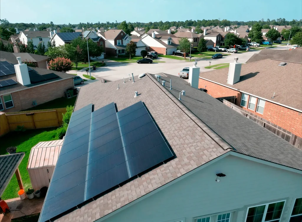 Aerial view suburban homes in de