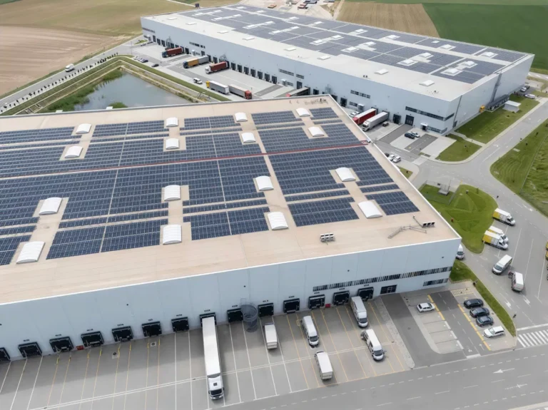 Aerial view of a large industrial warehouse complex with rooftop solar panels