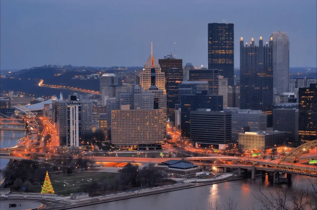 Pittsburgh skyline with utility transmission infrastructure in Duquesne Light service territory