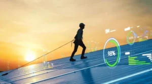 Worker on solar panels at sunset
