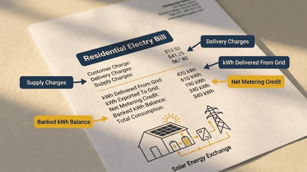Annotated electric bill graphic with callout labels on the key sections