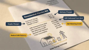 Annotated electric bill graphic with callout labels on the key sections