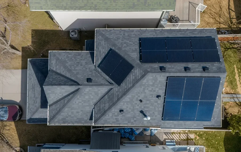 Overhead view of a roof with solar panels installed.