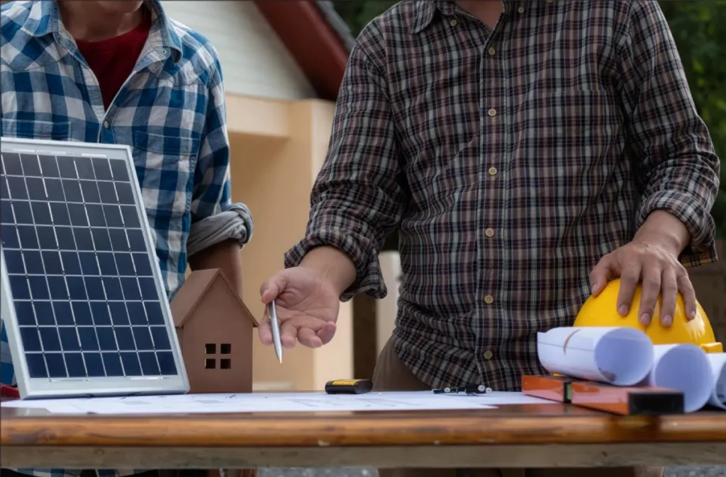 Men discussing solar panel installation plans