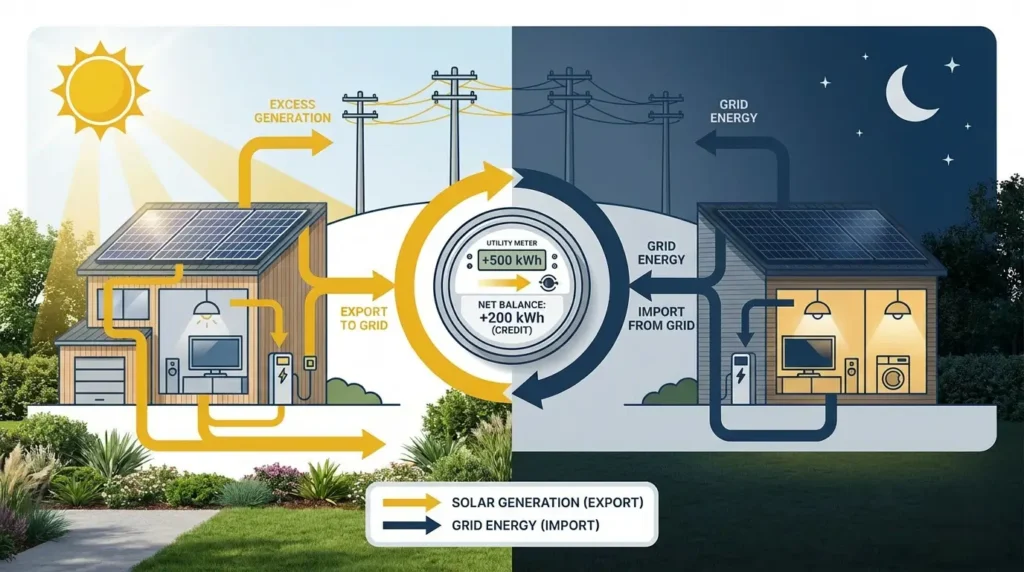 Solar energy flow and grid interaction infographic