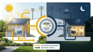Solar energy flow and grid interaction infographic