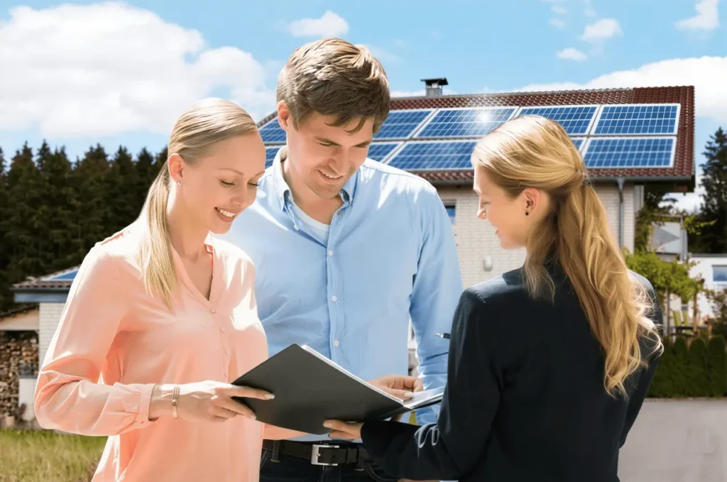 Three people discussing solar panels outdoors.